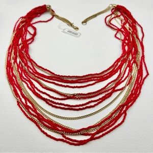 NWT Fire Engine Red Gold Layered Beaded Necklace Long NEW VTG Boho Statement ❤️